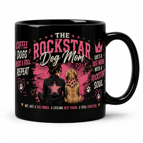 The Rockstar Dog Mom Black Ceramic Mug