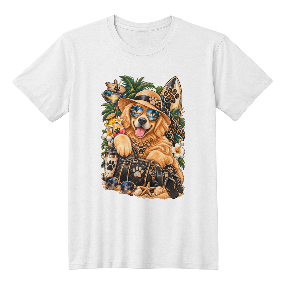 Luxury Beach Golden Retriever T-Shirt, Glam Designer Style Dog Illustration Tee, Chic Summer Dog Mom Shirt