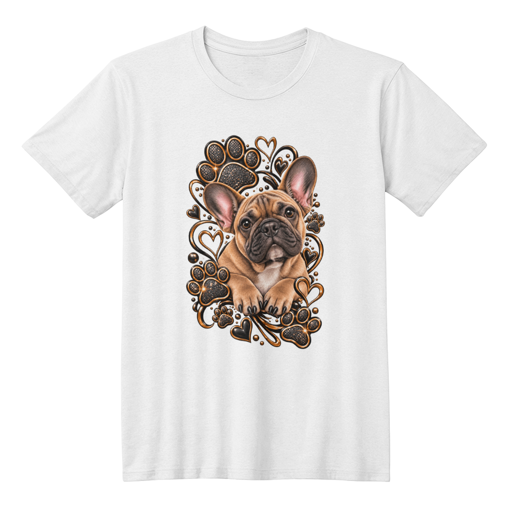 French Bulldog Black & Gold Paw Print Heart Shirt | Frenchie Mom Graphic Tee