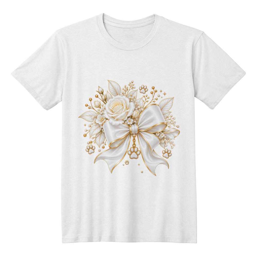 Elegant White Rose Bow Paw Print Graphic Tee