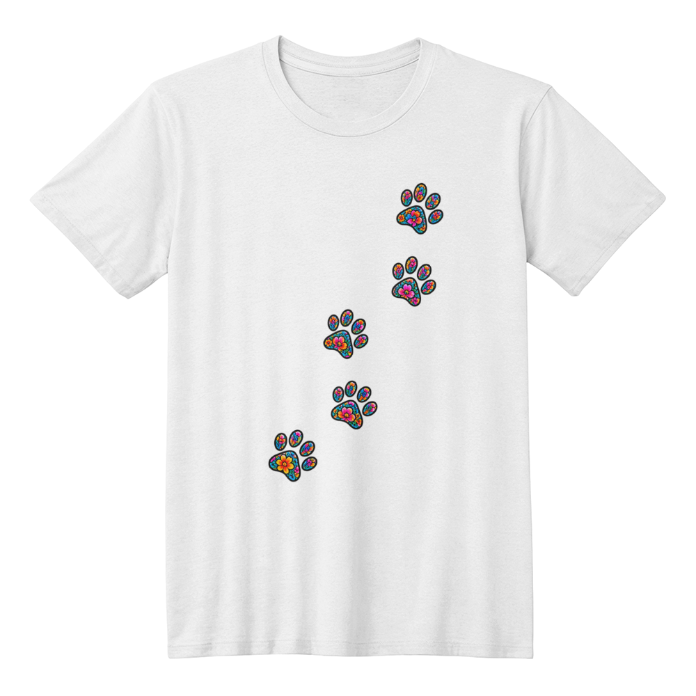 Colorful Floral Paw Print Trail T-Shirt, Stained Glass Style Dog Lover Shirt, Whimsical Paw Path Dog Mom Tee