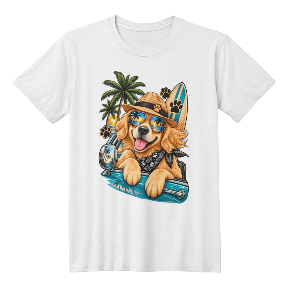 Tropical Beach Golden Retriever T-Shirt, Sunglasses and Cocktail Dog Illustration Tee, Summer Vacation Dog Shirt