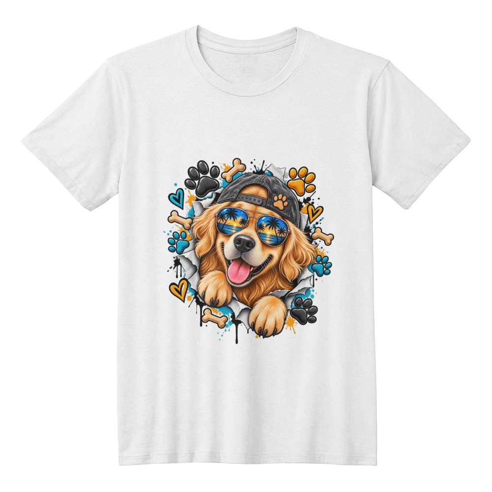 Cool Golden Retriever Beach T-Shirt, Sunglasses and Cap Dog Illustration Tee, Fun Dog Mom Shirt