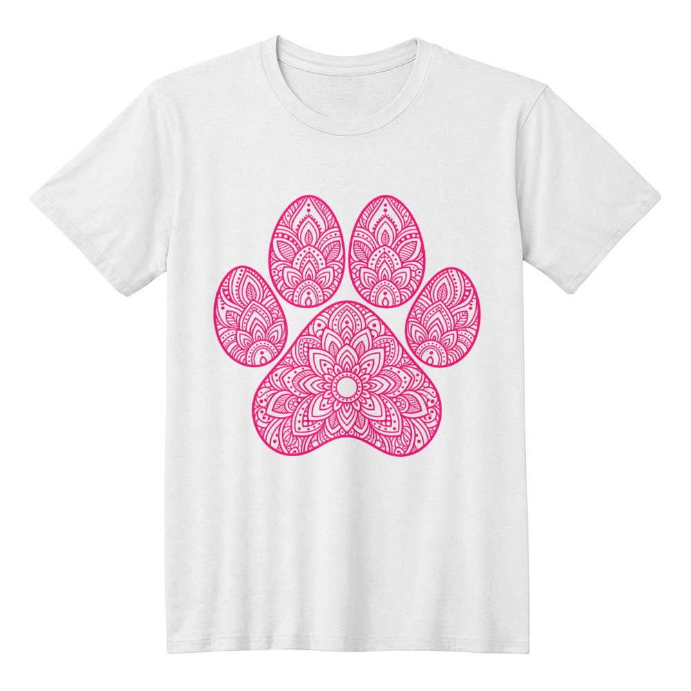 Pink Mandala Paw Print T-Shirt, Boho Dog Lover Shirt, Intricate Henna Style Dog Mom Tee, Zen Pet Owner Gift