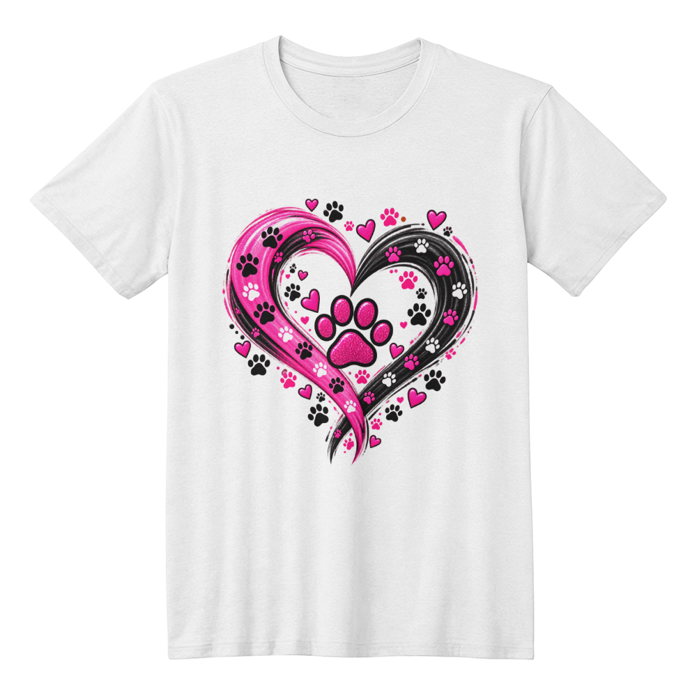 Pink Paw Print Heart T-Shirt, Swirl Heart Dog Lover Shirt, Pink and Black Paw Design Dog Mom Tee
