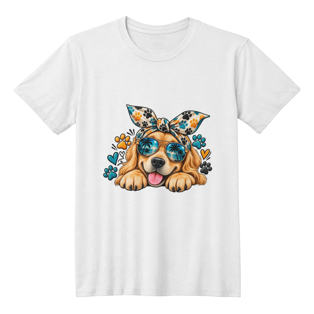 Golden Retriever with Sunglasses T-Shirt, Cute Bandana Headband Dog Illustration Tee, Dog Mom Shirt