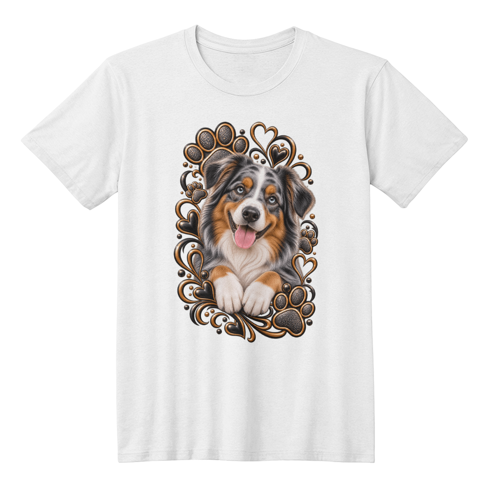Australian Shepherd Black & Gold Paw Print Heart Shirt | Aussie Mom Graphic Tee
