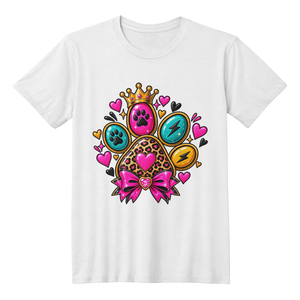 Leopard Print Paw T-Shirt, Glam Crown and Bow Dog Mom Shirt, Colorful Rockstar Paw Design Tee