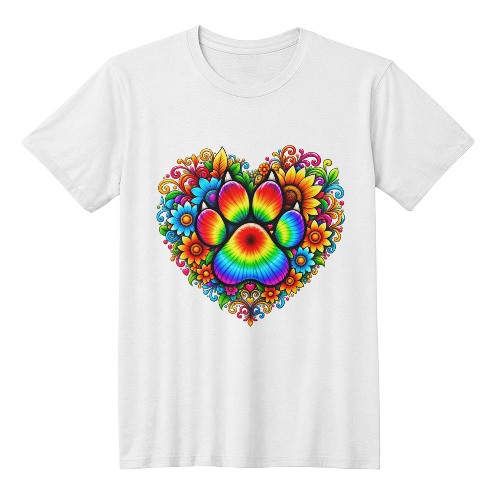 Rainbow Tie-Dye Paw Print Heart Dog Mom T-Shirt, Colorful Floral Dog Lover Shirt, Gift for Dog Moms