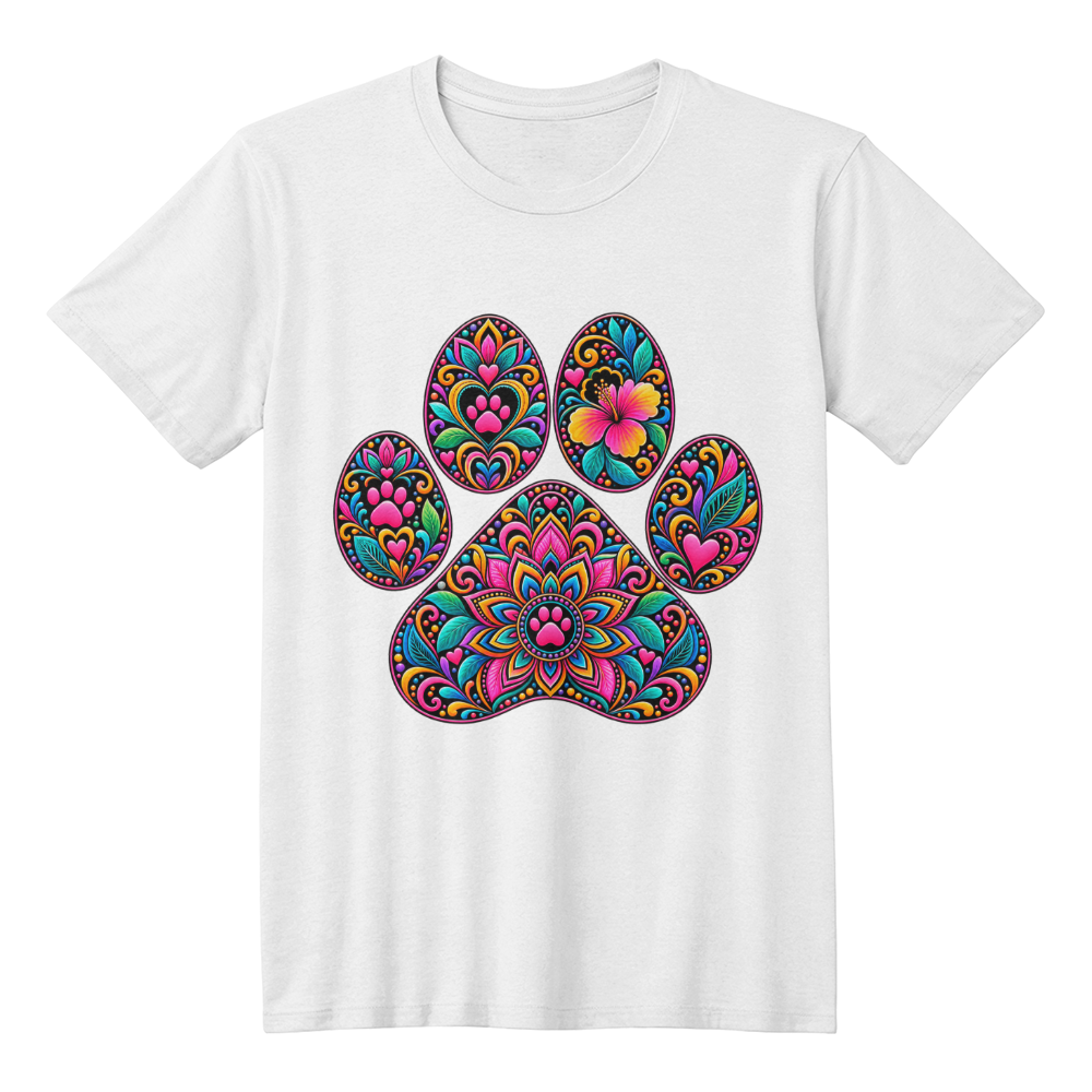 Colorful Mosaic Paw Print T-Shirt, Bold Stained Glass Style Dog Lover Shirt, Dog Mom Tee