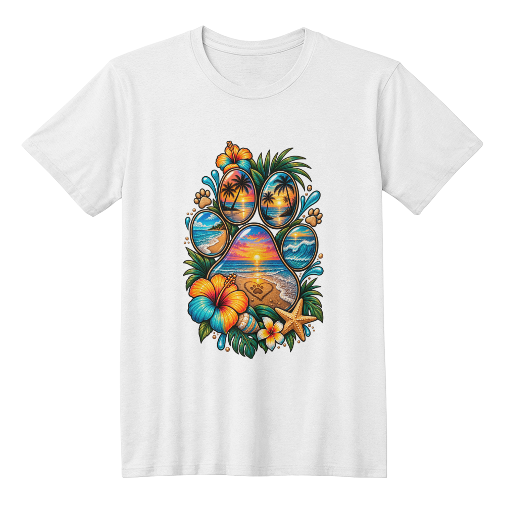 Tropical Beach Sunset Paw Print T-Shirt, Hawaiian Style Dog Lover Shirt, Ocean and Palm Tree Paw Design Tee