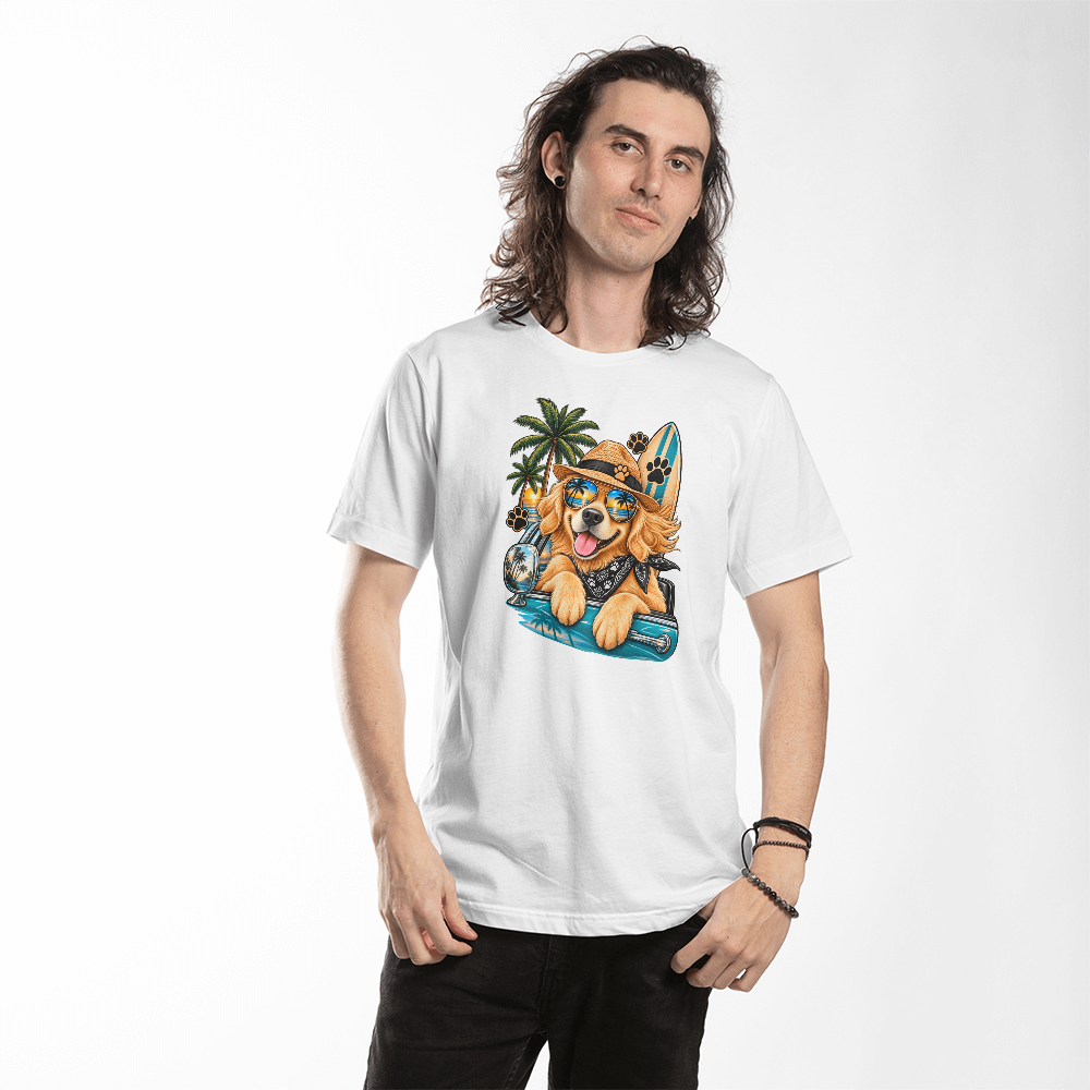 Beach Cruiser Golden Retriever T-Shirt, Surfboard and Sunglasses Dog Illustration Tee, Summer Dog Mom Shirt