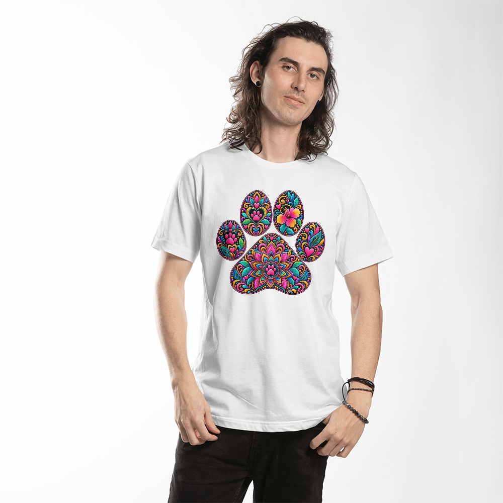 Colorful Mosaic Paw Print T-Shirt, Bold Stained Glass Style Dog Lover Shirt, Dog Mom Tee