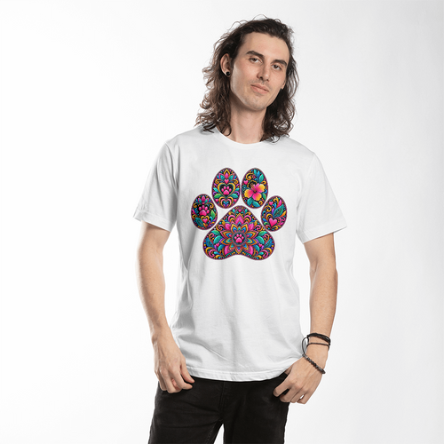 Colorful Mosaic Paw Print T-Shirt, Bold Stained Glass Style Dog Lover Shirt, Dog Mom Tee