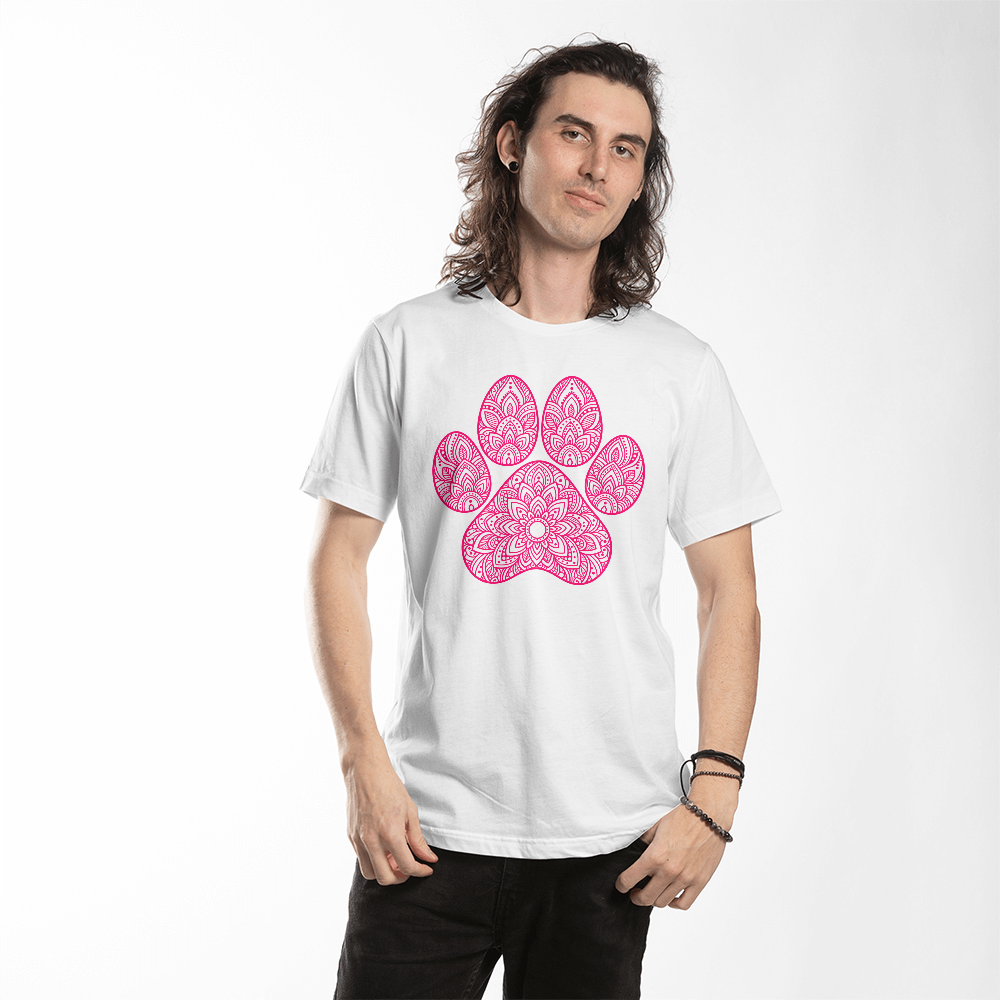 Pink Mandala Paw Print T-Shirt, Boho Dog Lover Shirt, Intricate Henna Style Dog Mom Tee, Zen Pet Owner Gift