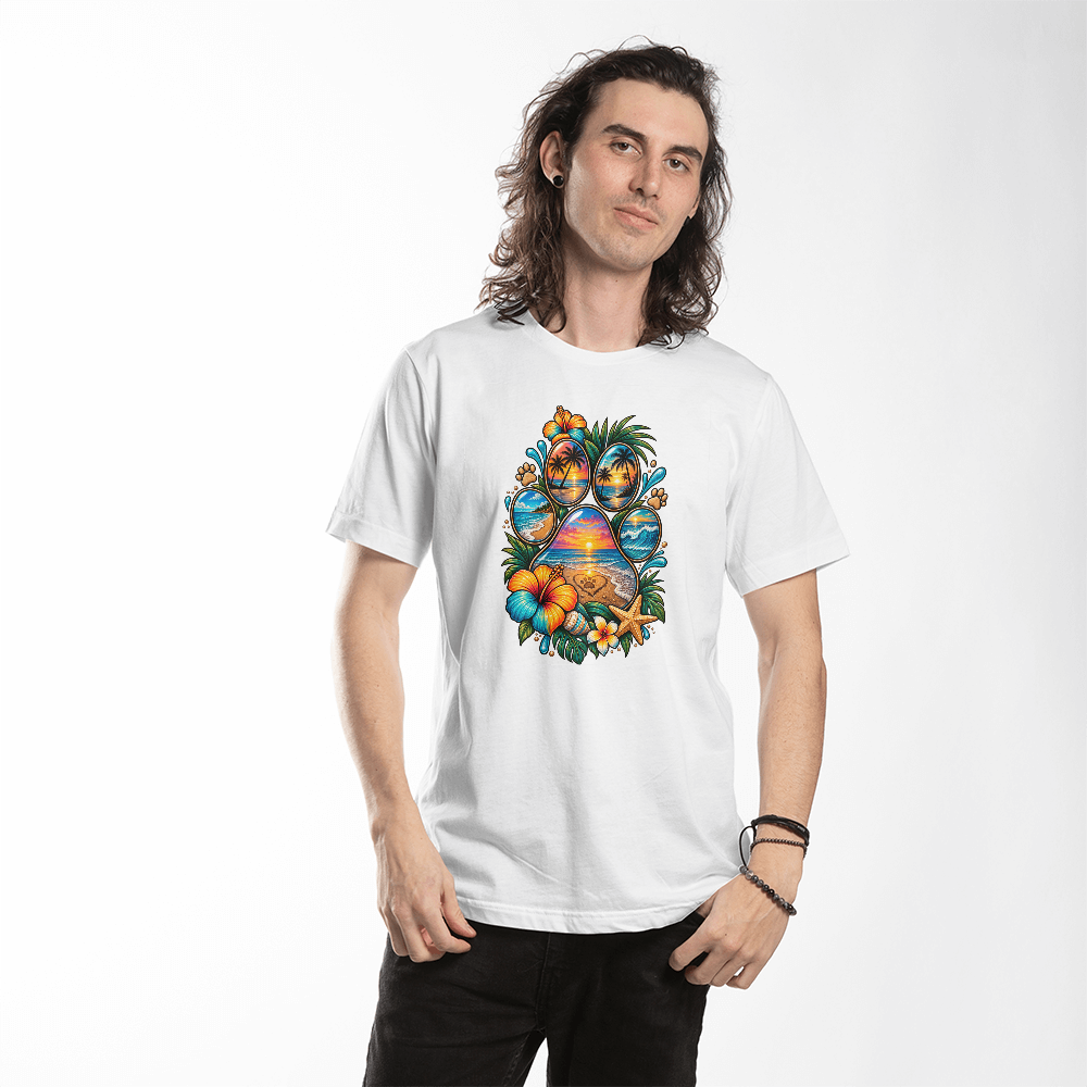 Tropical Beach Sunset Paw Print T-Shirt, Hawaiian Style Dog Lover Shirt, Ocean and Palm Tree Paw Design Tee