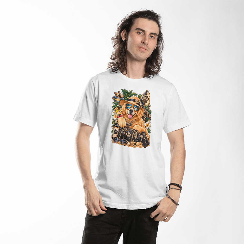 Luxury Beach Golden Retriever T-Shirt, Glam Designer Style Dog Illustration Tee, Chic Summer Dog Mom Shirt