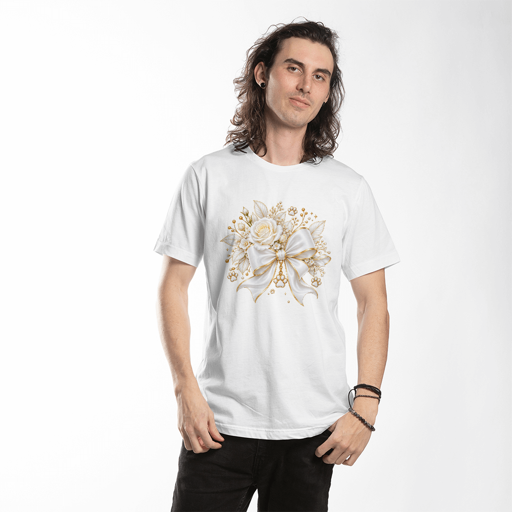 Elegant White Rose Bow Paw Print Graphic Tee