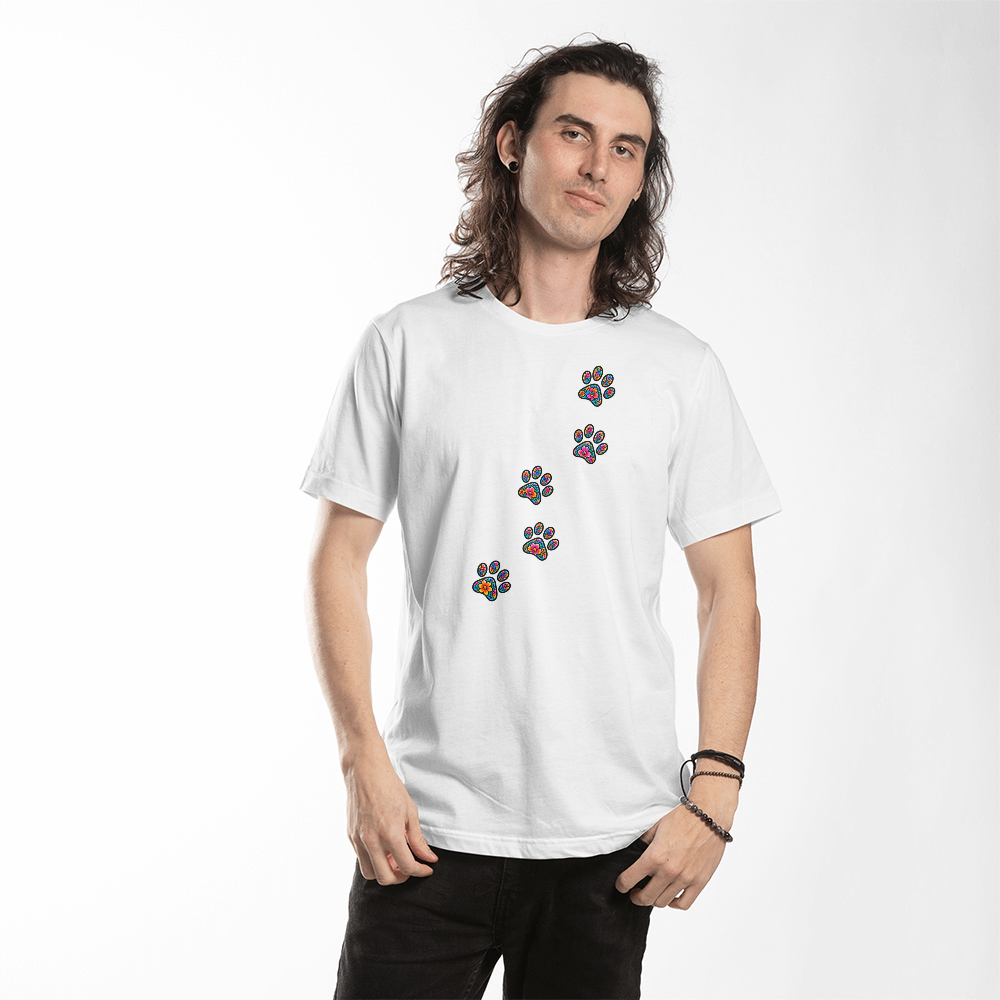 Colorful Floral Paw Print Trail T-Shirt, Stained Glass Style Dog Lover Shirt, Whimsical Paw Path Dog Mom Tee