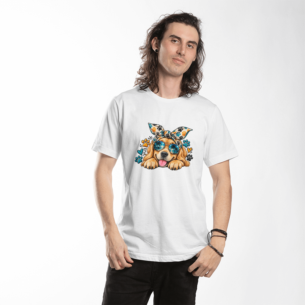 Golden Retriever with Sunglasses T-Shirt, Cute Bandana Headband Dog Illustration Tee, Dog Mom Shirt