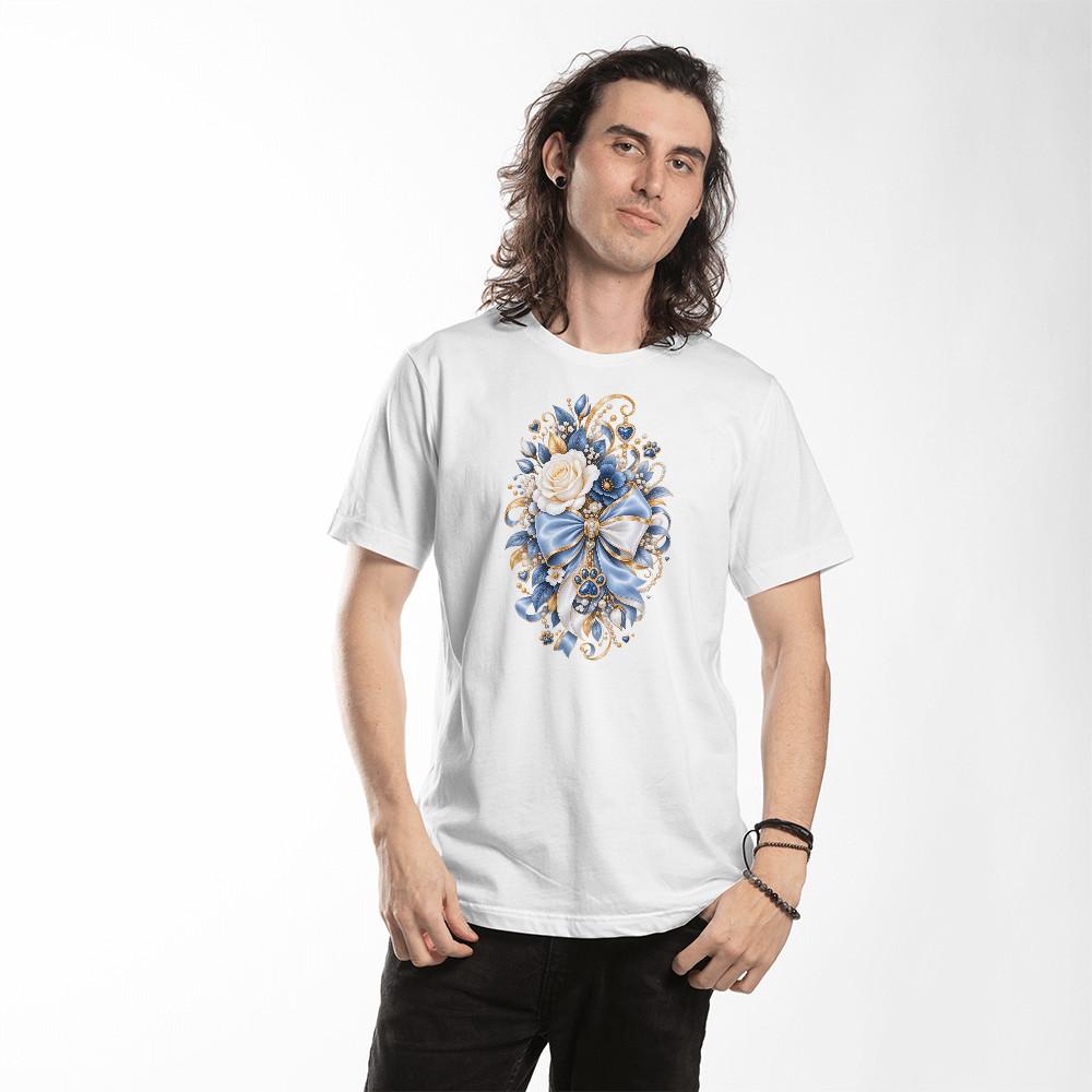 Elegant Blue Rose Bow Jeweled Paw Print Graphic Tee