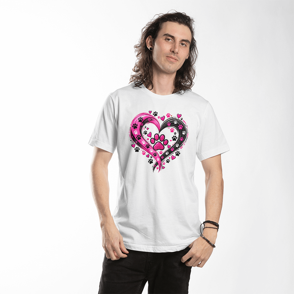 Pink Paw Print Heart T-Shirt, Swirl Heart Dog Lover Shirt, Pink and Black Paw Design Dog Mom Tee