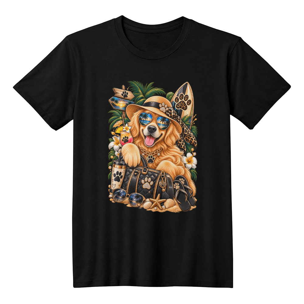 Luxury Beach Golden Retriever T-Shirt, Glam Designer Style Dog Illustration Tee, Chic Summer Dog Mom Shirt