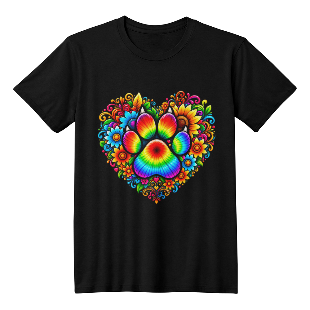 Rainbow Tie-Dye Paw Print Heart Dog Mom T-Shirt, Colorful Floral Dog Lover Shirt, Gift for Dog Moms