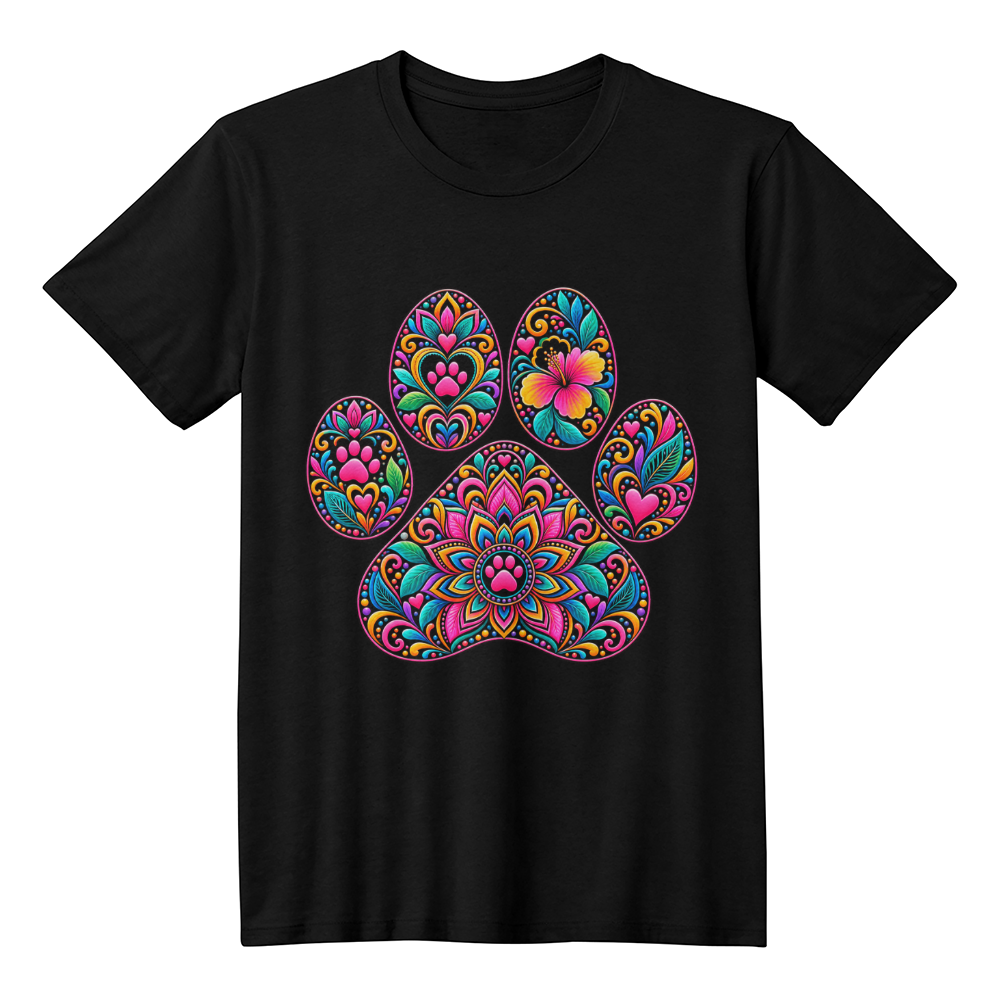 Colorful Mosaic Paw Print T-Shirt, Bold Stained Glass Style Dog Lover Shirt, Dog Mom Tee