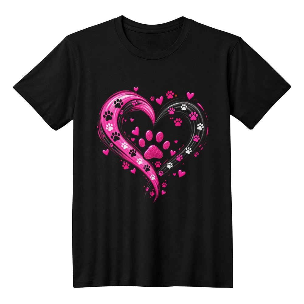 Pink Paw Print Heart T-Shirt, Swirl Heart Dog Lover Shirt, Pink and Black Paw Design Dog Mom Tee