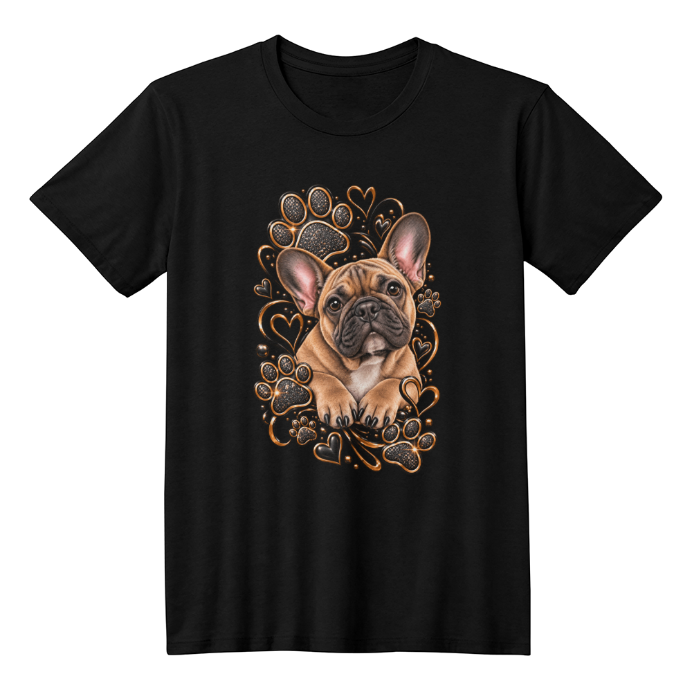 French Bulldog Black & Gold Paw Print Heart Shirt | Frenchie Mom Graphic Tee