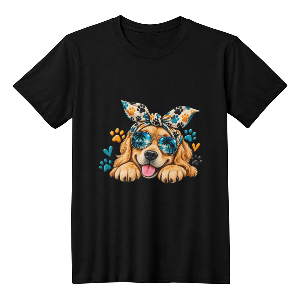 Golden Retriever with Sunglasses T-Shirt, Cute Bandana Headband Dog Illustration Tee, Dog Mom Shirt