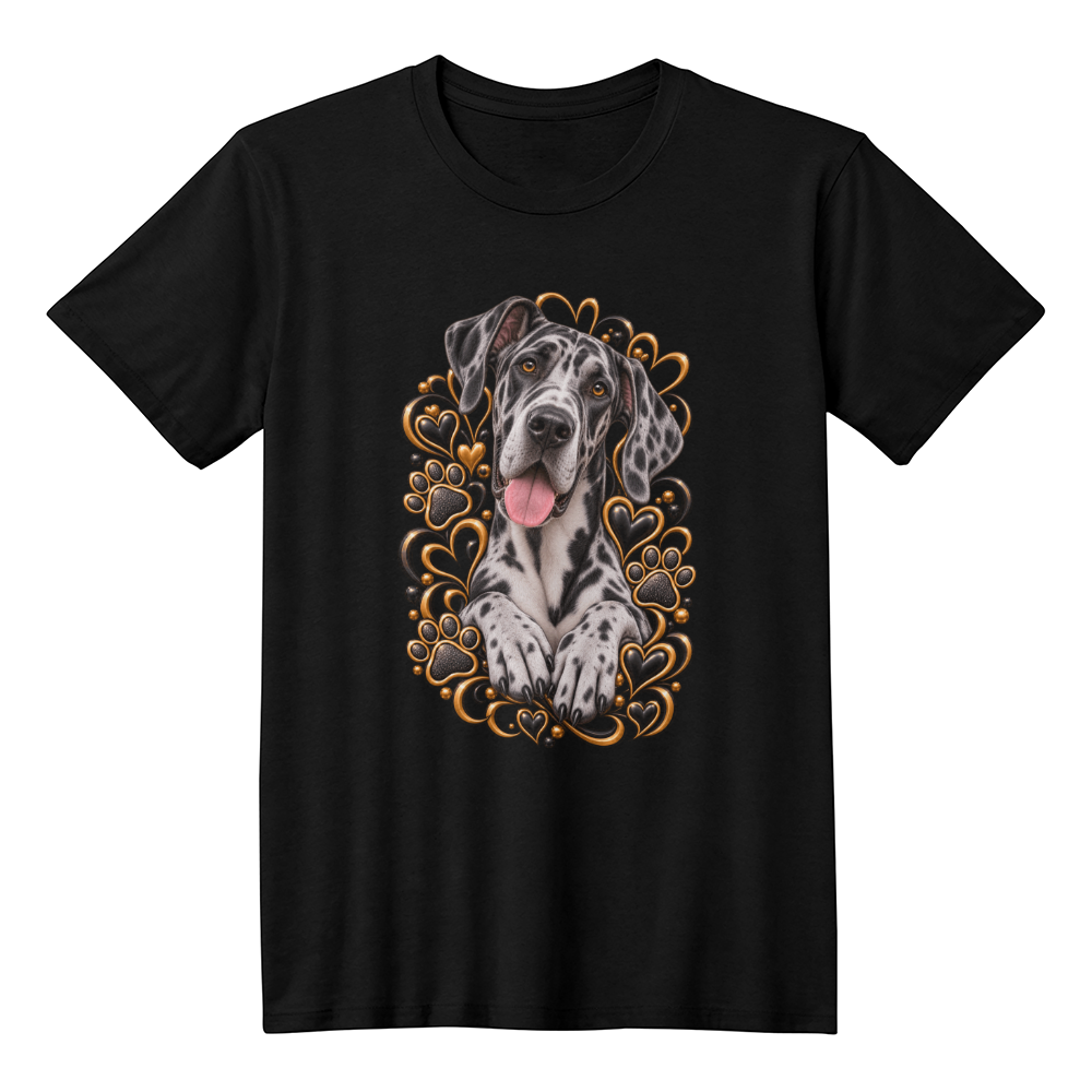 Great Dane Black & Gold Paw Print Heart Shirt | Great Dane Mom Graphic Tee