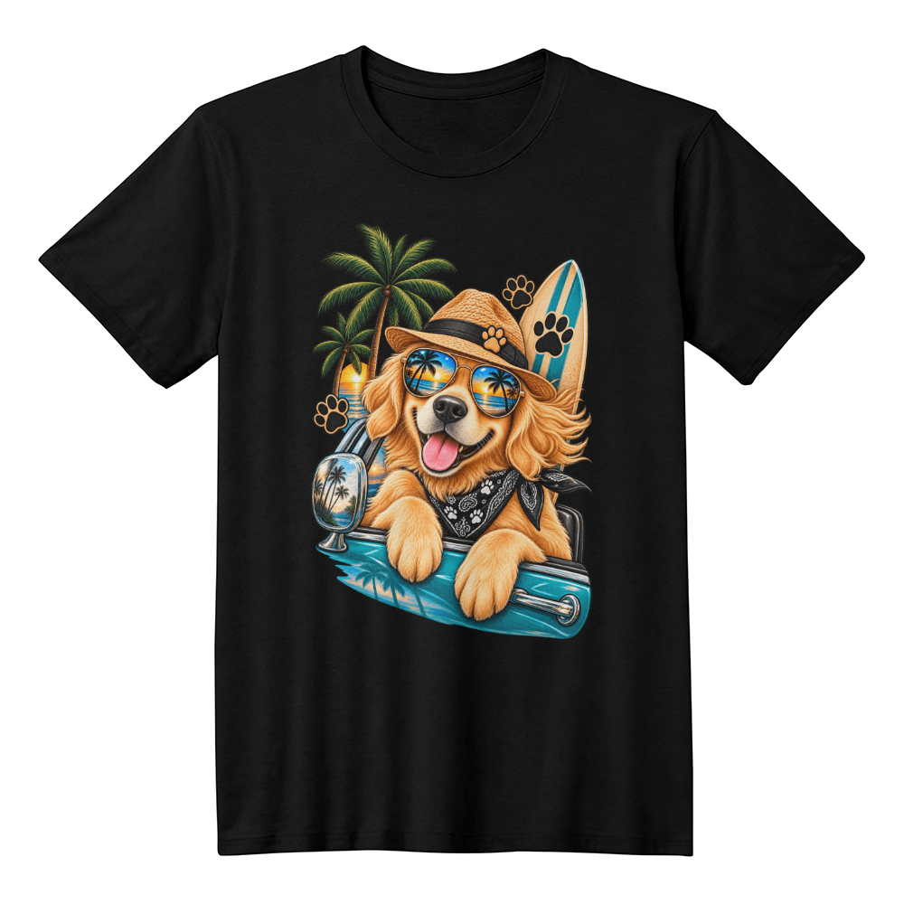 Tropical Beach Golden Retriever T-Shirt, Sunglasses and Cocktail Dog Illustration Tee, Summer Vacation Dog Shirt