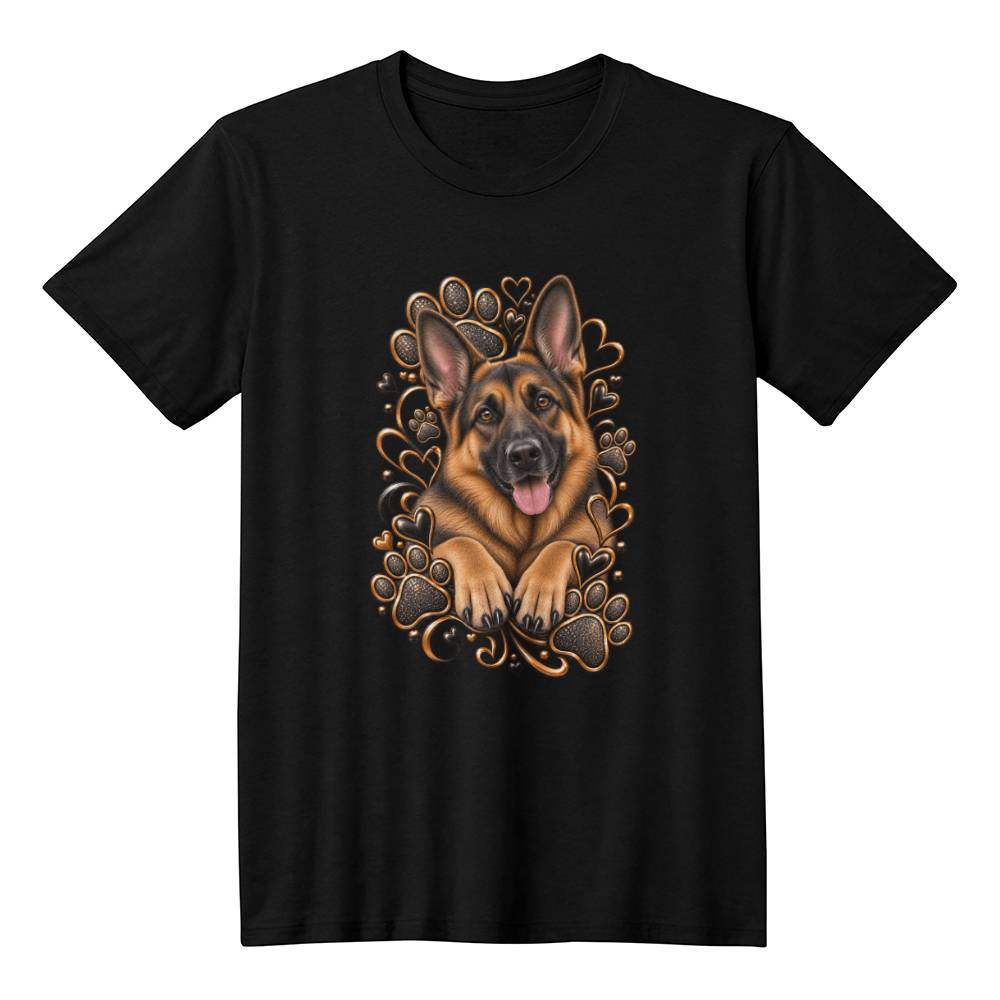 German Shepherd Black & Gold Paw Print Heart Shirt | German Shepherd Mom Graphic Tee