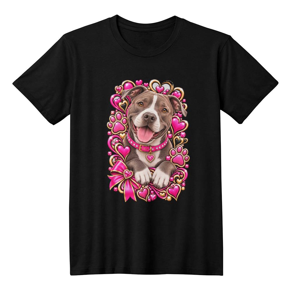 Pit Bull Pink & Gold Heart Paw Print Graphic Tee