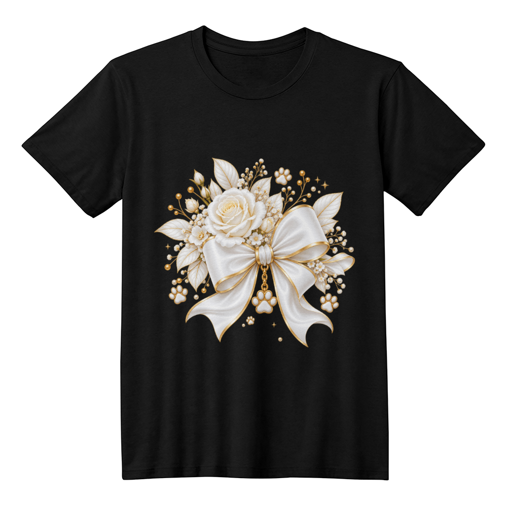 Elegant White Rose Bow Paw Print Graphic Tee