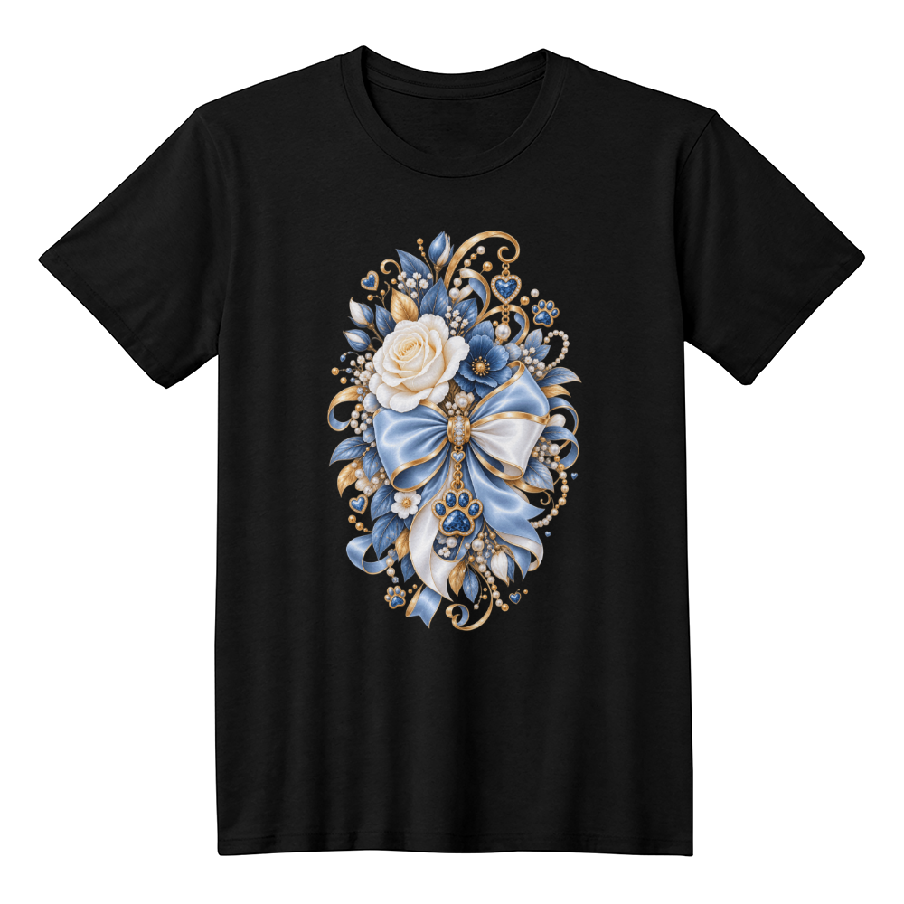Elegant Blue Rose Bow Jeweled Paw Print Graphic Tee