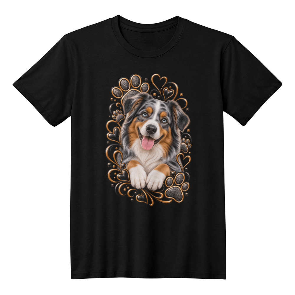 Australian Shepherd Black & Gold Paw Print Heart Shirt | Aussie Mom Graphic Tee