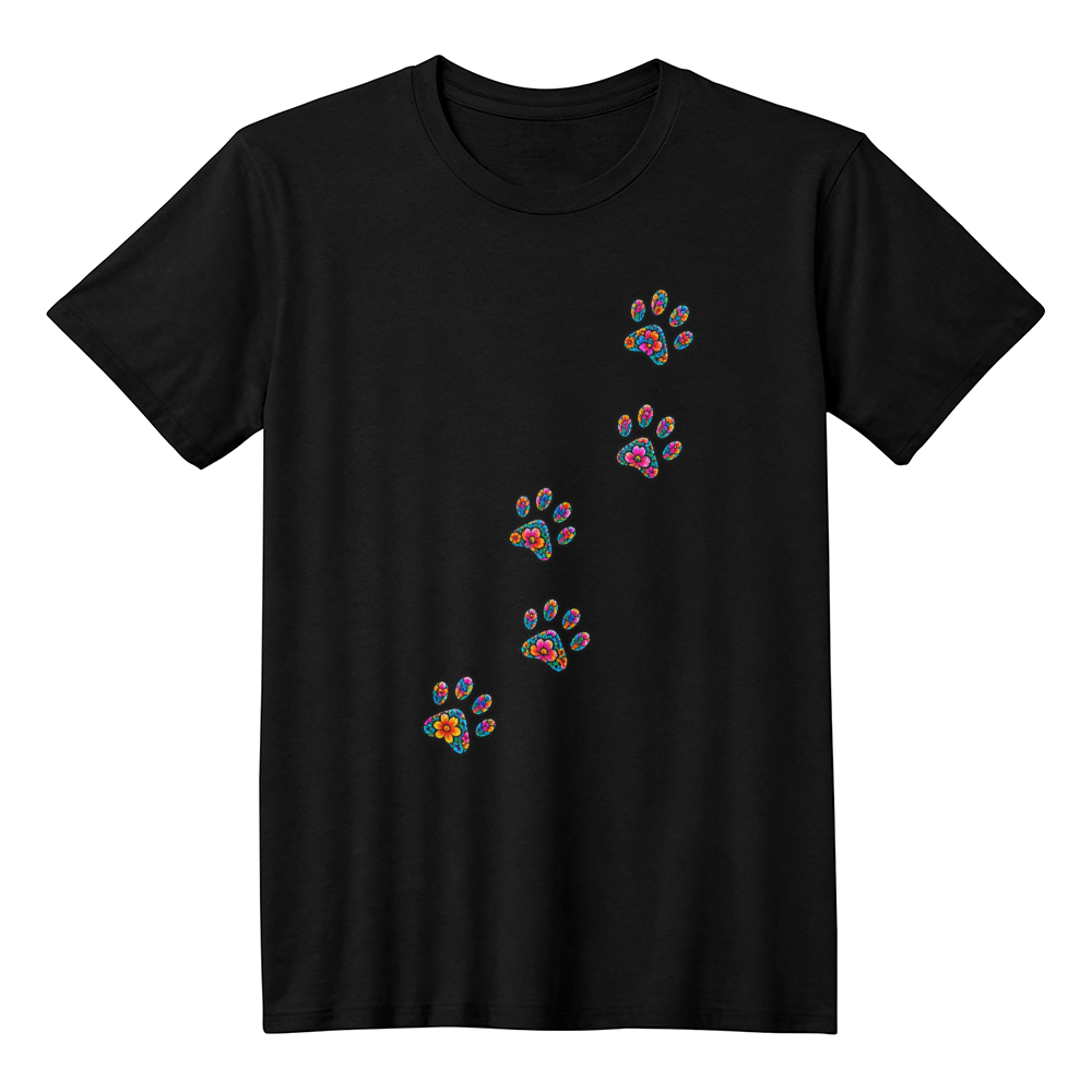 Colorful Floral Paw Print Trail T-Shirt, Stained Glass Style Dog Lover Shirt, Whimsical Paw Path Dog Mom Tee