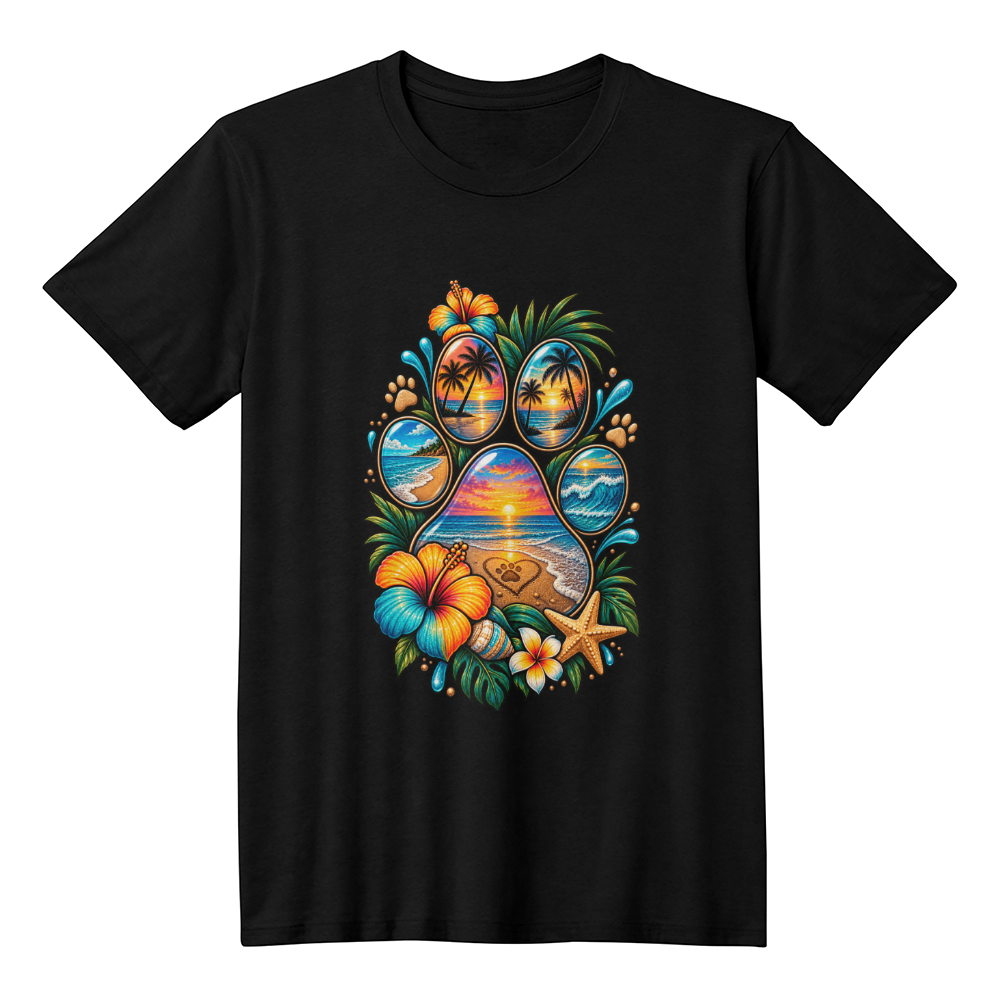 Tropical Beach Sunset Paw Print T-Shirt, Hawaiian Style Dog Lover Shirt, Ocean and Palm Tree Paw Design Tee
