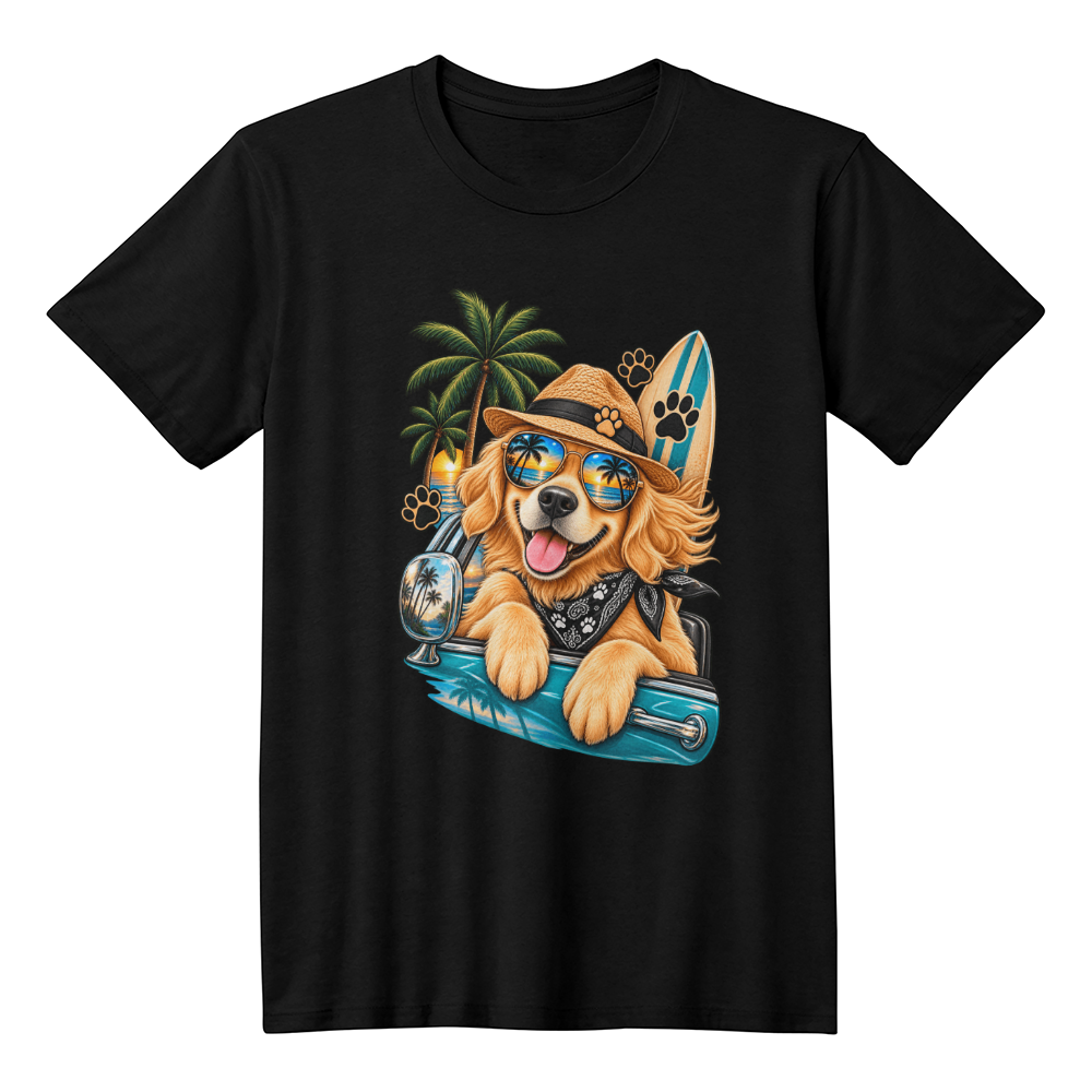Beach Cruiser Golden Retriever T-Shirt, Surfboard and Sunglasses Dog Illustration Tee, Summer Dog Mom Shirt