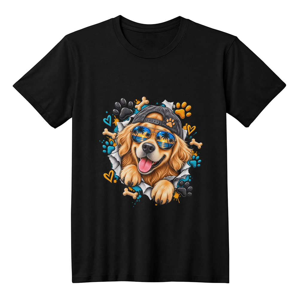 Cool Golden Retriever Beach T-Shirt, Sunglasses and Cap Dog Illustration Tee, Fun Dog Mom Shirt