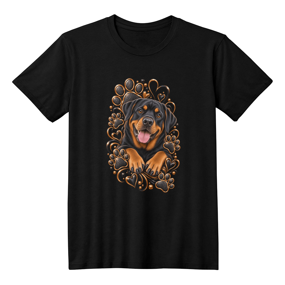 Rottweiler Black & Gold Paw Print Heart Shirt | Rottweiler Mom Graphic Tee