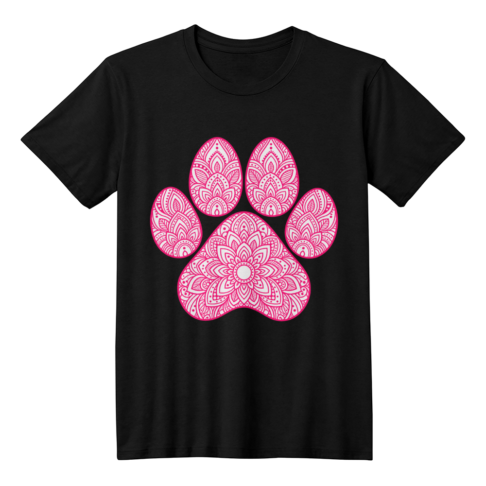 Pink Mandala Paw Print T-Shirt, Boho Dog Lover Shirt, Intricate Henna Style Dog Mom Tee, Zen Pet Owner Gift