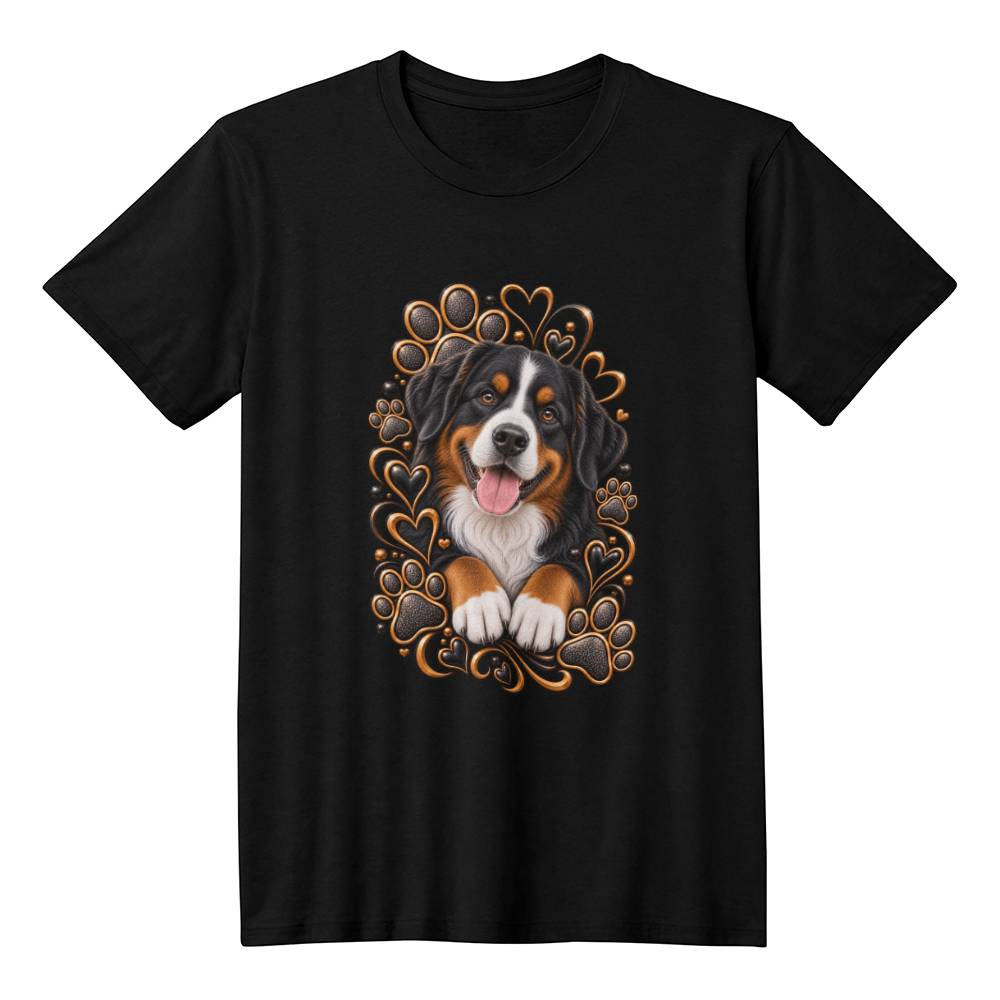 Bernese Mountain Dog Black & Gold Paw Print Heart Shirt | Bernese Mountain Dog Mom Graphic Tee