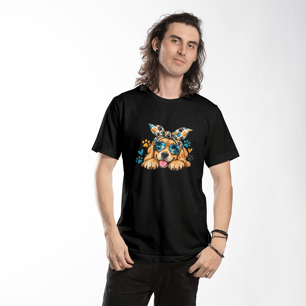 Golden Retriever with Sunglasses T-Shirt, Cute Bandana Headband Dog Illustration Tee, Dog Mom Shirt