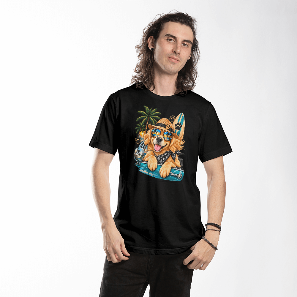 Tropical Beach Golden Retriever T-Shirt, Sunglasses and Cocktail Dog Illustration Tee, Summer Vacation Dog Shirt