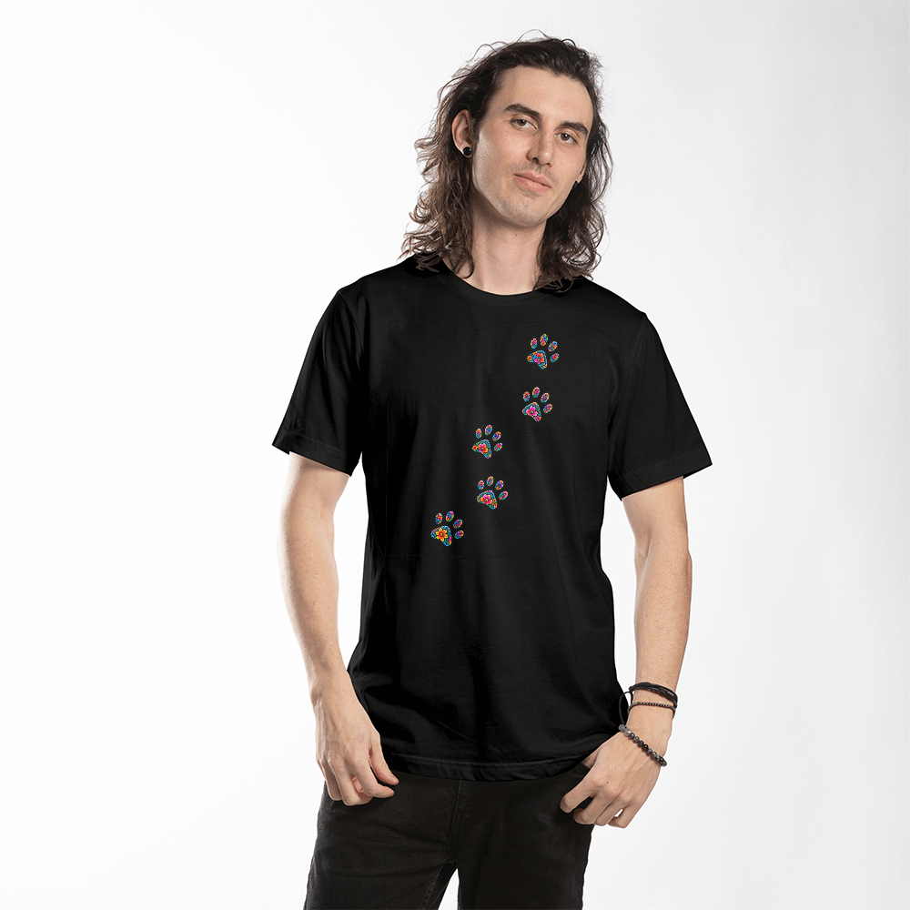 Colorful Floral Paw Print Trail T-Shirt, Stained Glass Style Dog Lover Shirt, Whimsical Paw Path Dog Mom Tee