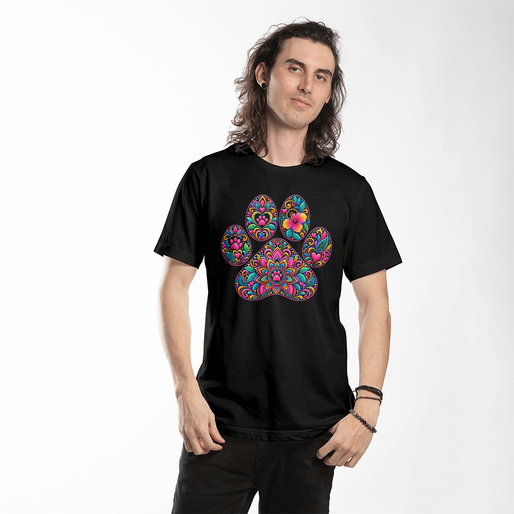 Colorful Mosaic Paw Print T-Shirt, Bold Stained Glass Style Dog Lover Shirt, Dog Mom Tee